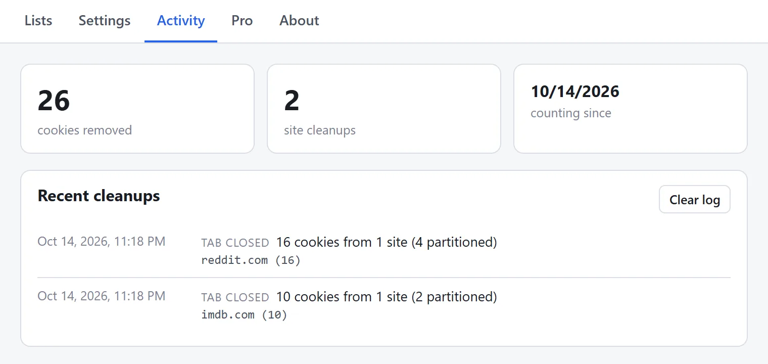 The Activity tab listing two tab-close cleanups: 16 cookies from reddit.com and 10 from imdb.com