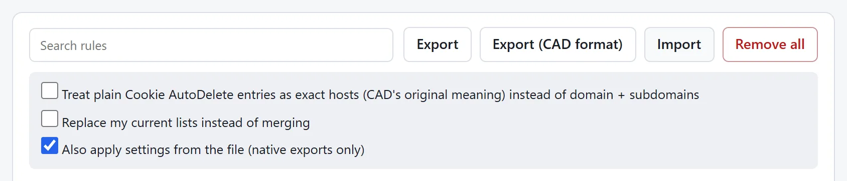 The Lists toolbar with Export, Export (CAD format), Import and Remove all, and the three import options below it