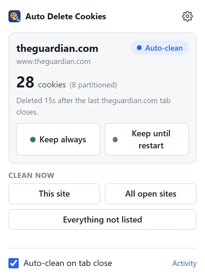 The Auto Delete Cookies popup on a news site showing 28 cookies, 8 of them partitioned, with Keep always and Keep until restart buttons