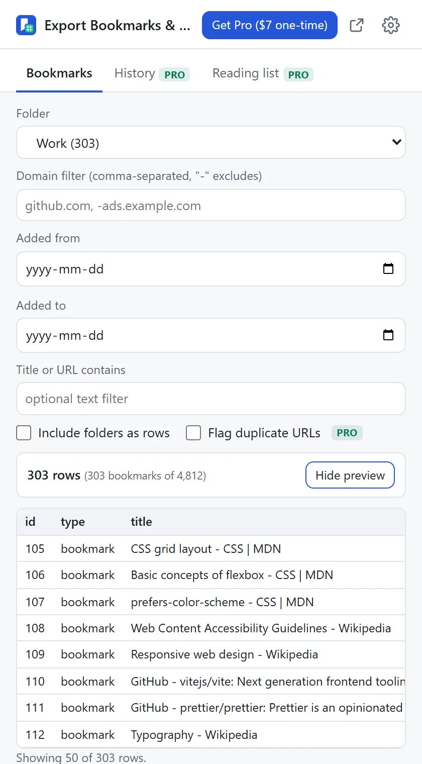 The Export Bookmarks and History popup with the Work folder chosen, showing 303 rows and a preview table of titles