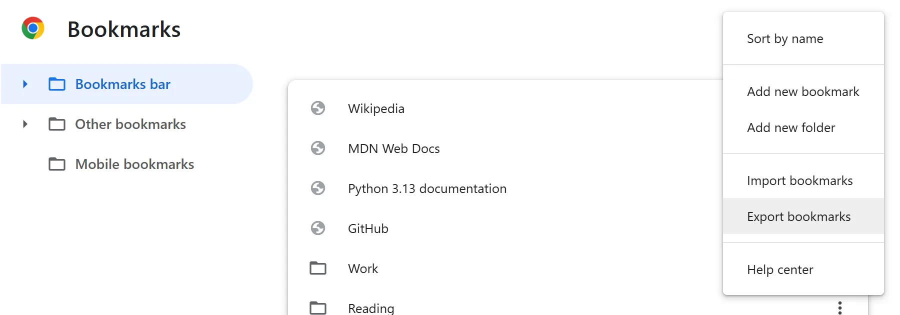 Chrome's bookmark manager with the Organize menu open and Export bookmarks highlighted