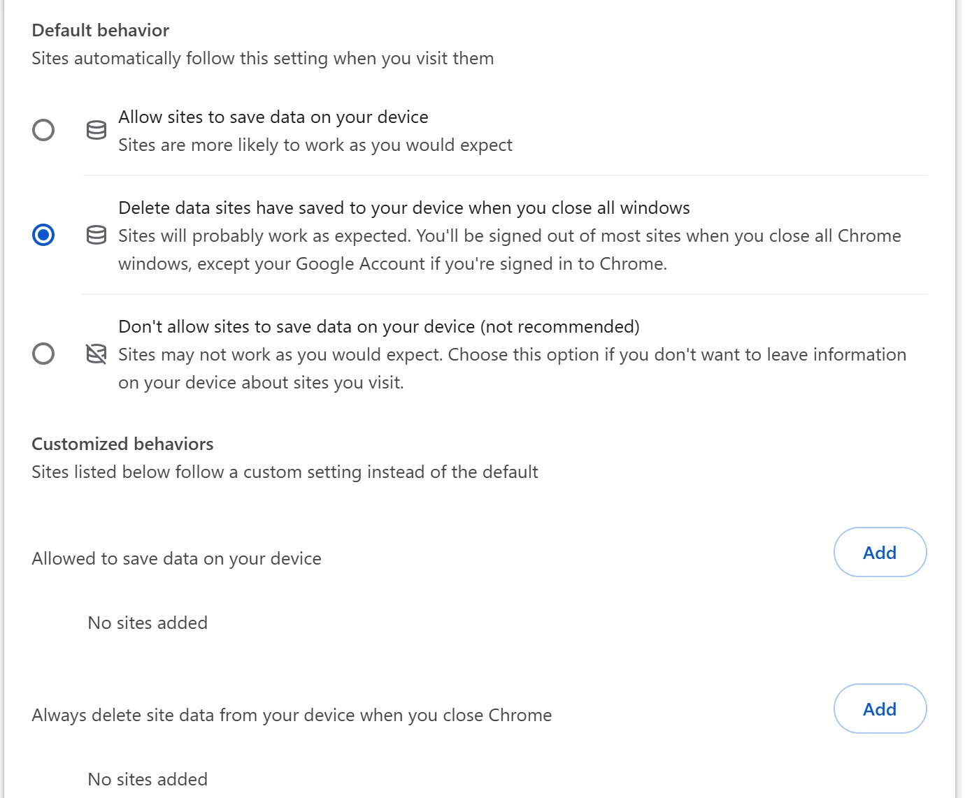 Chrome's On-device site data settings with Delete data sites have saved to your device when you close all windows selected