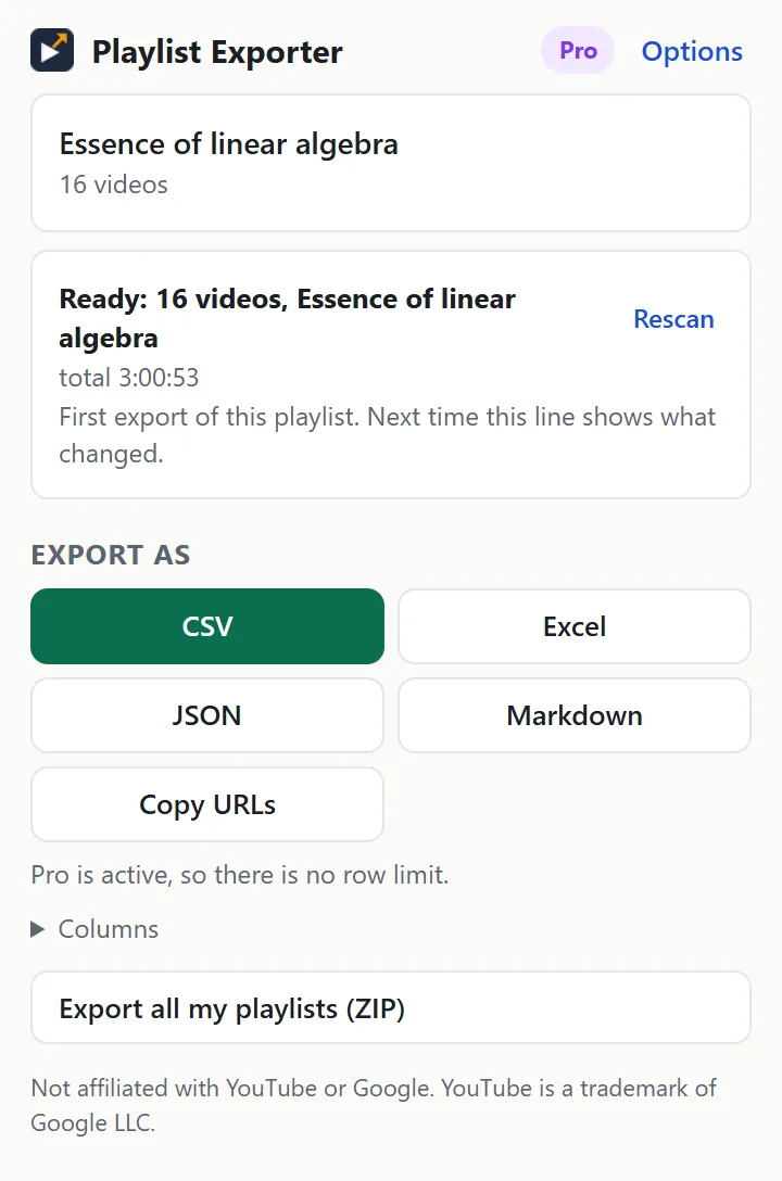 The Playlist Exporter popup over a 16-video playlist, showing Ready and the CSV, Excel, JSON, Markdown and Copy URLs buttons