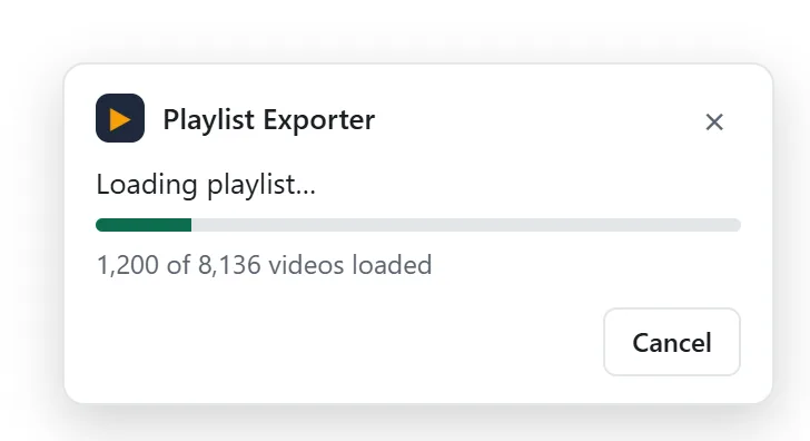 A progress box on the YouTube page reading 1,200 of 8,136 videos loaded, with a Cancel button