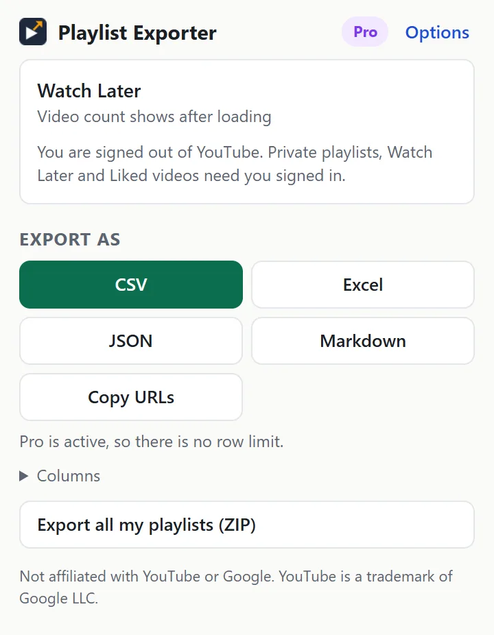 The Playlist Exporter popup on the Watch Later page, saying you are signed out of YouTube and that private playlists, Watch Later and Liked videos need you signed in